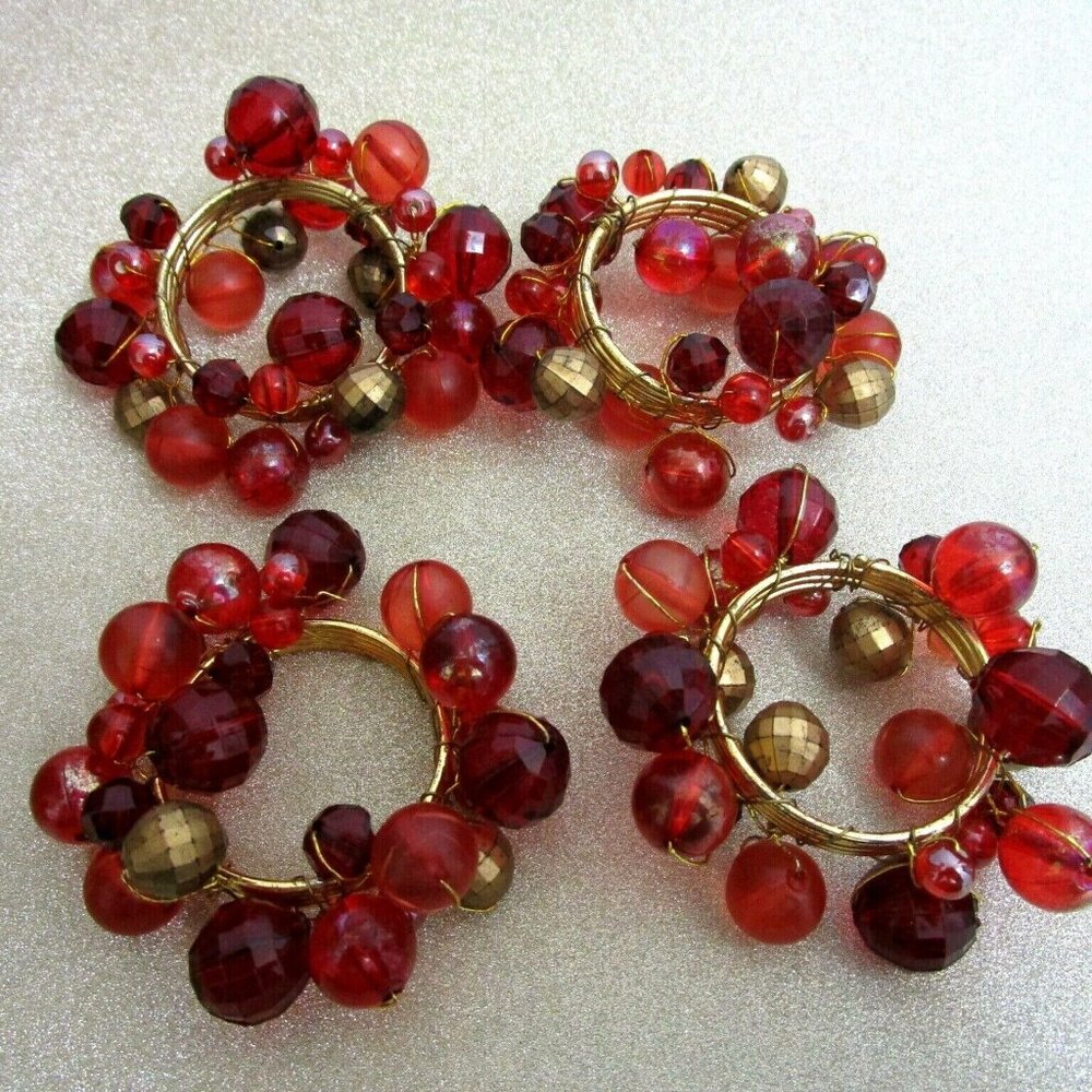 Napkin Rings SET of 4 Red and Gold Beads Gold Metal Ring 3" Wide NEW